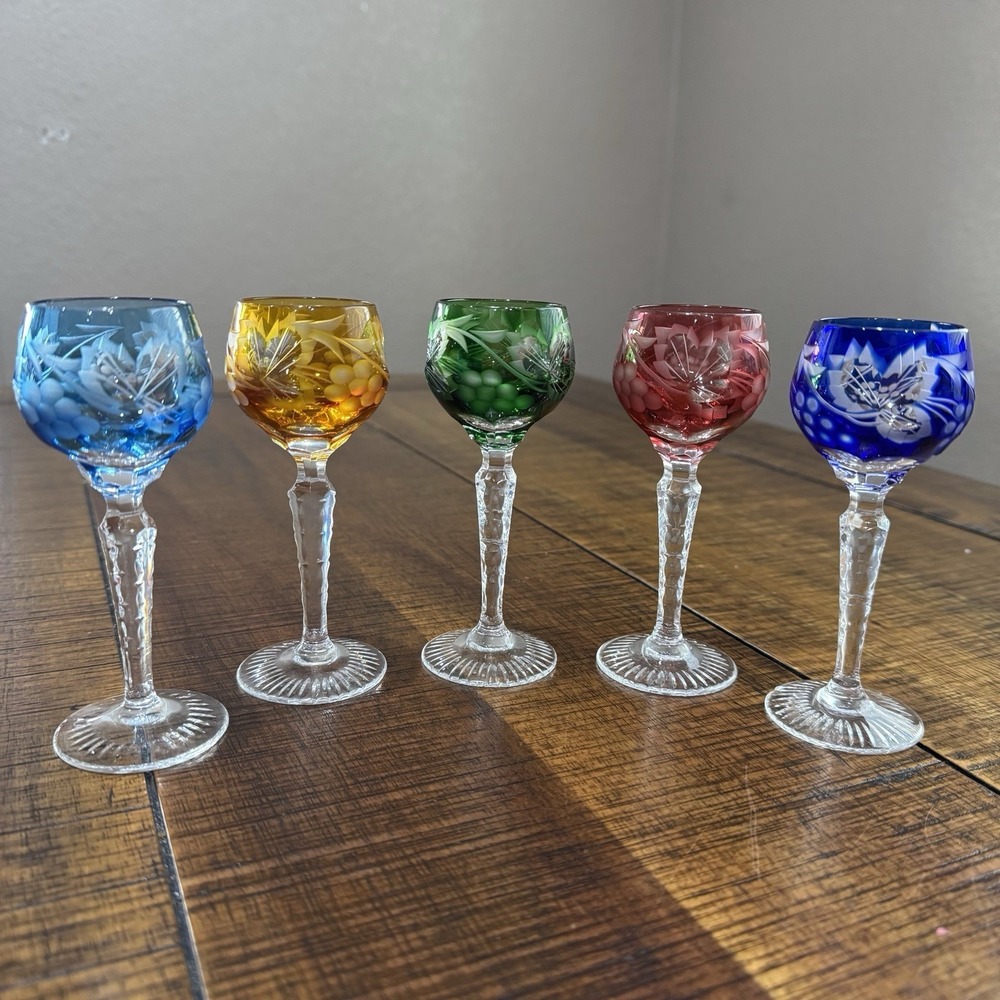 Vtg Set of 5 Nachtmann Traube Cut‎ to Clear Crystal Cordial Glasses Mixed Colors